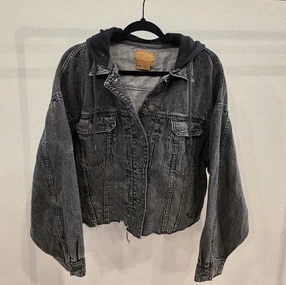 Womens Black Denim Jacket with Hood - Picture 1 of 4